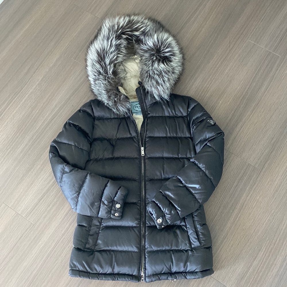 Prada Puffer Jacket with Real Fox Fur Trim Hood Size 40